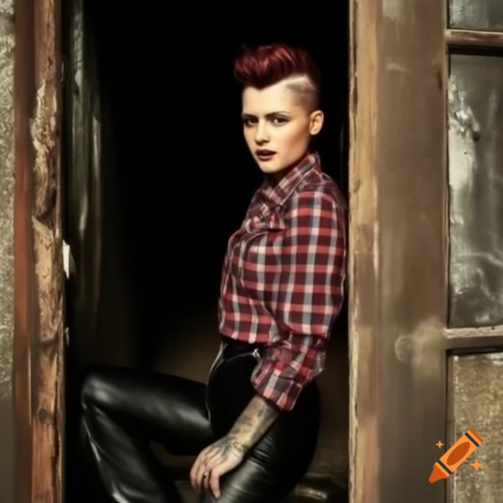 Punk-rocker with mohawk hairstyle and plaid shirt peeking through derelict building