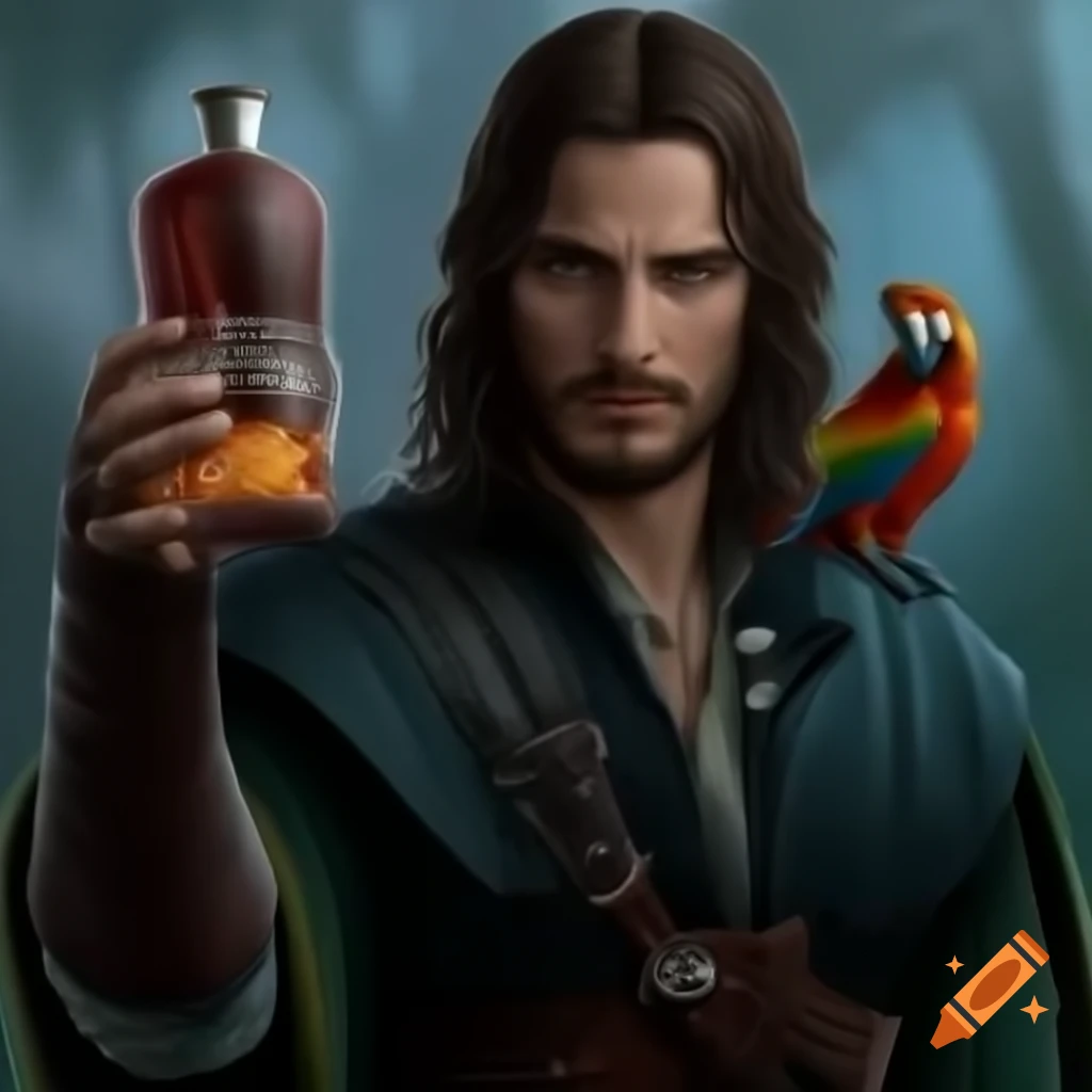 Aragorn as a pirate holding a rum bottle with a macaw on his shoulder ...