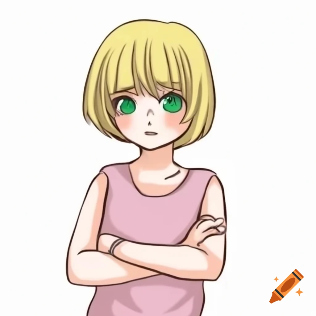 Anime girl with blonde hair and dark emerald green eyes, wearing a pink sleeveless t-shirt