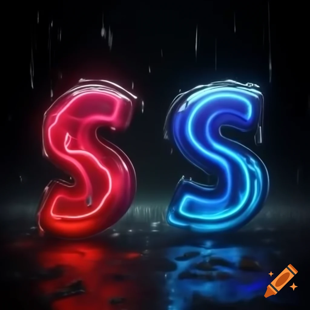 Neon letters A and B in red and blue on wet black background with raindrops
