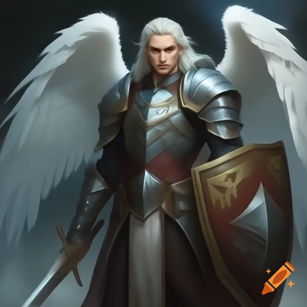 Male paladin aasimar in white armor with wings, holding sword and shield