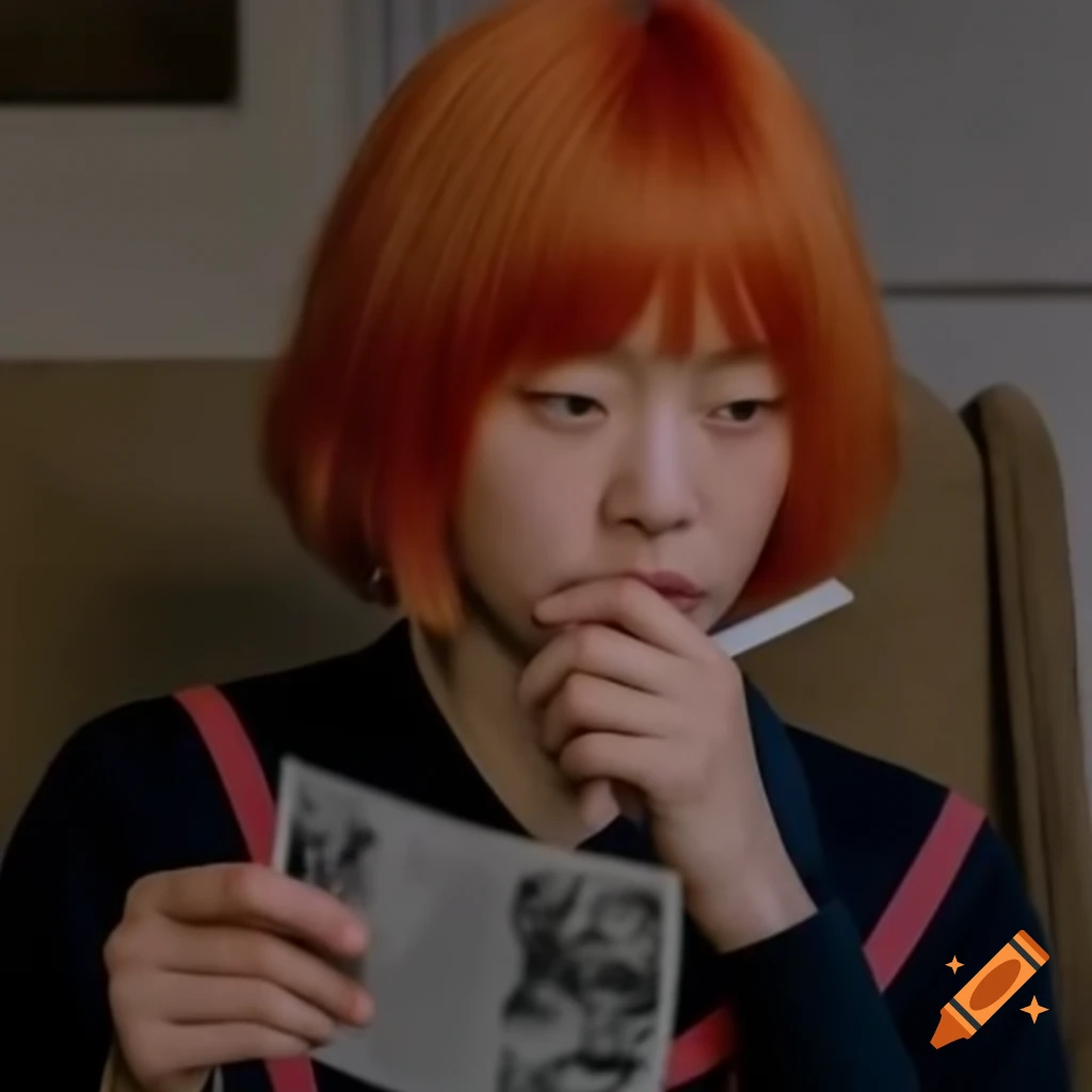 Japanese policewoman with ginger hair smoking at a crime scene in a dusty living room, detailed facial features