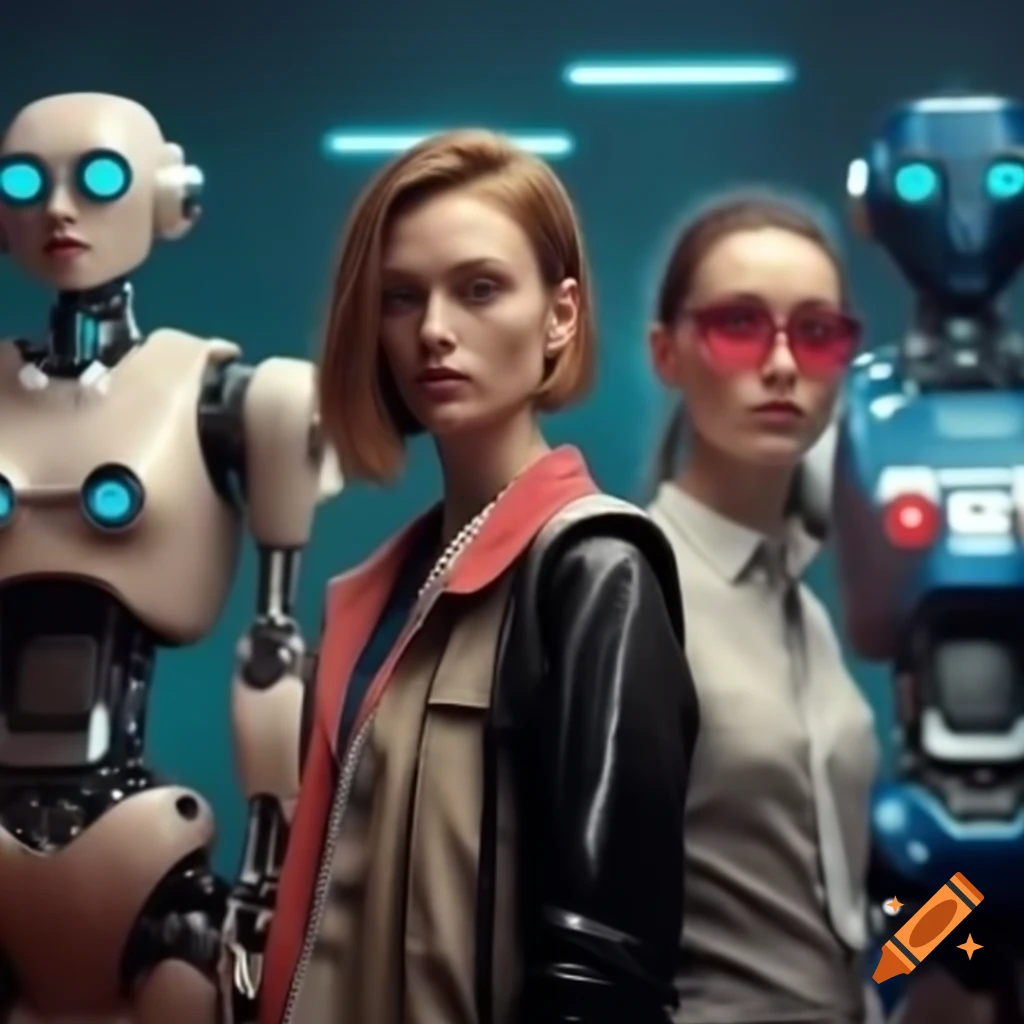 Women competing against robots in futurism style