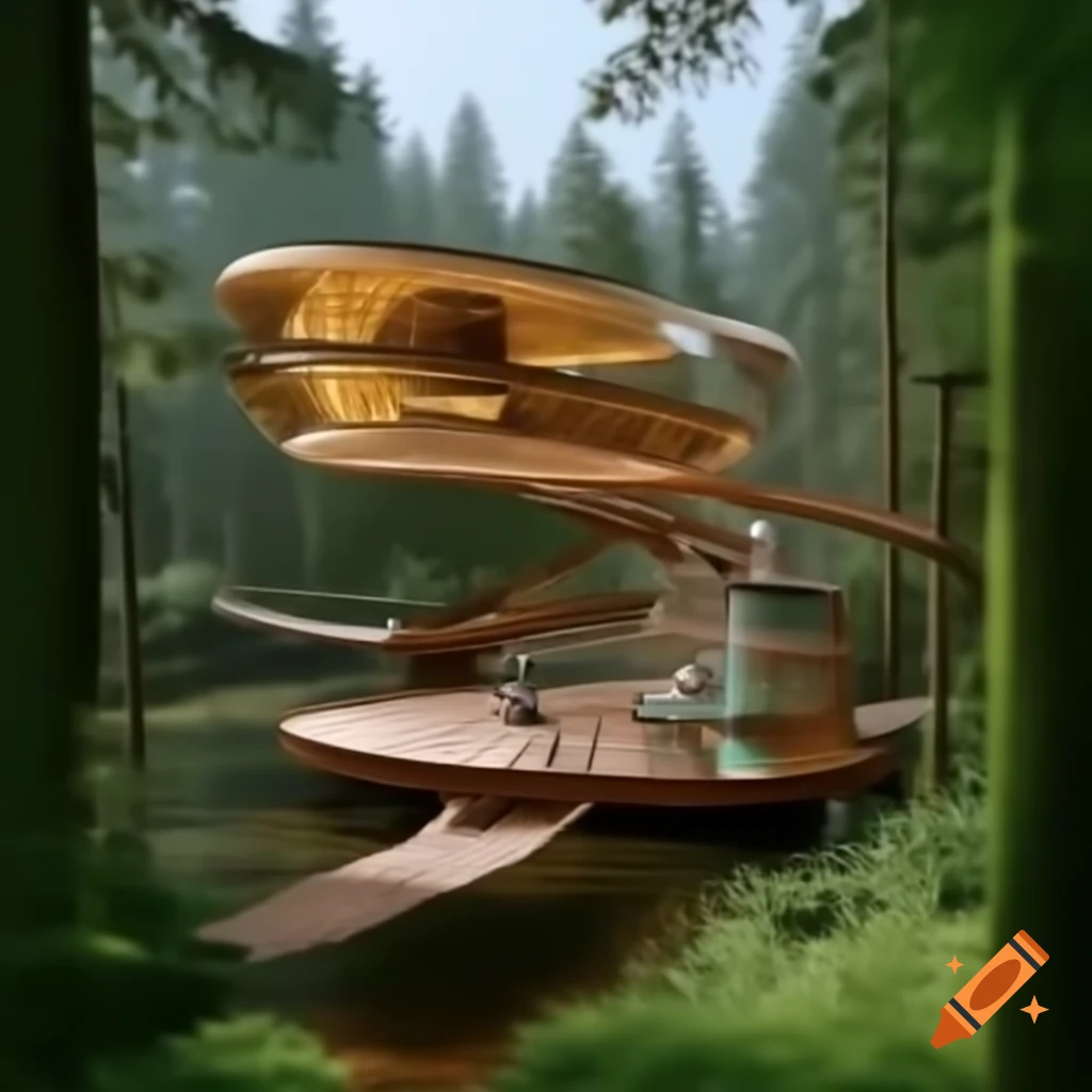Futuristic houseboat on a lake in a forest