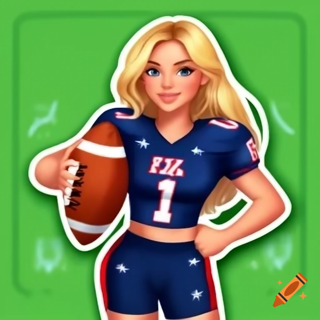 Blonde girl carrying American football team on her back, digital art