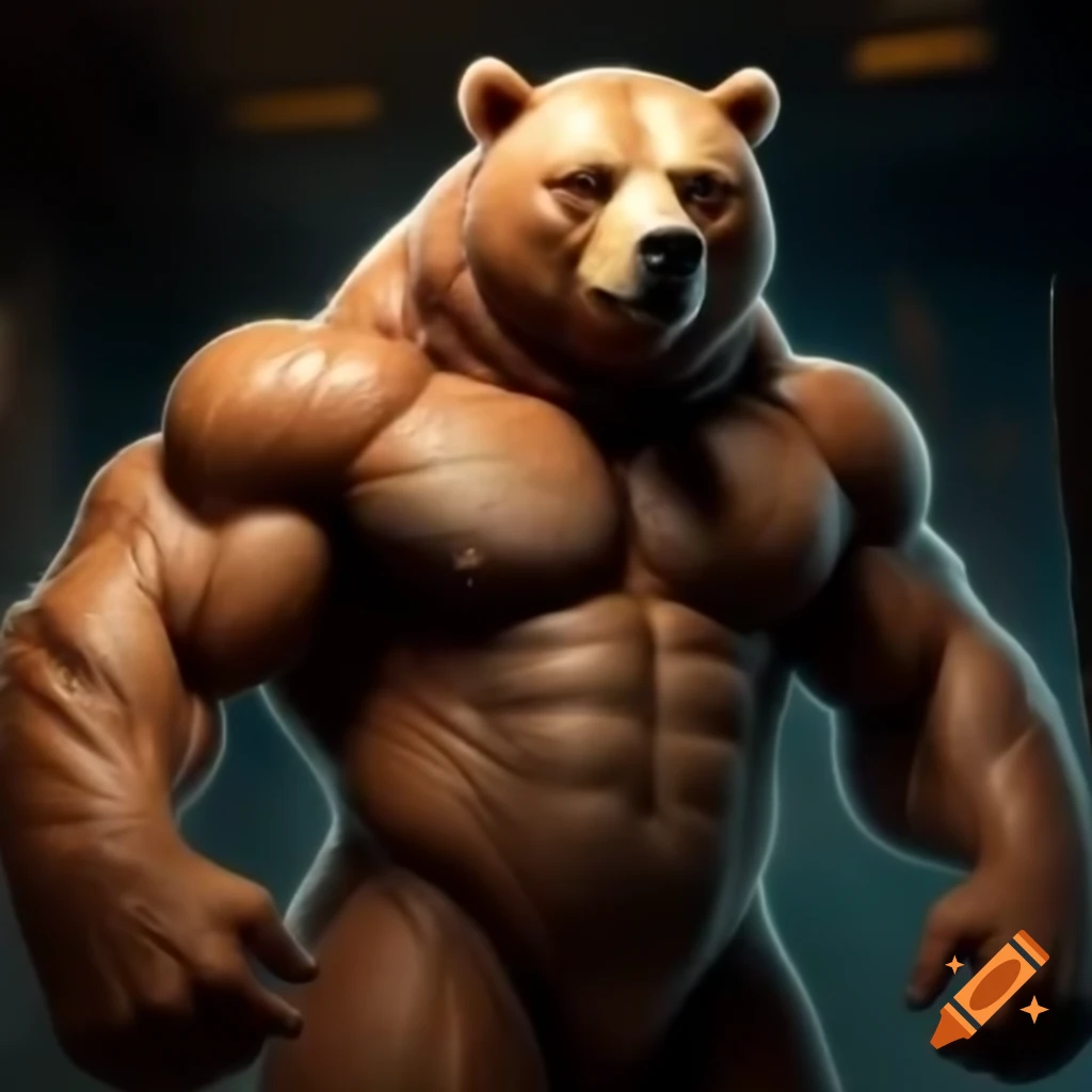 Videogame character of young muscular anthro bear in a hypnotized state