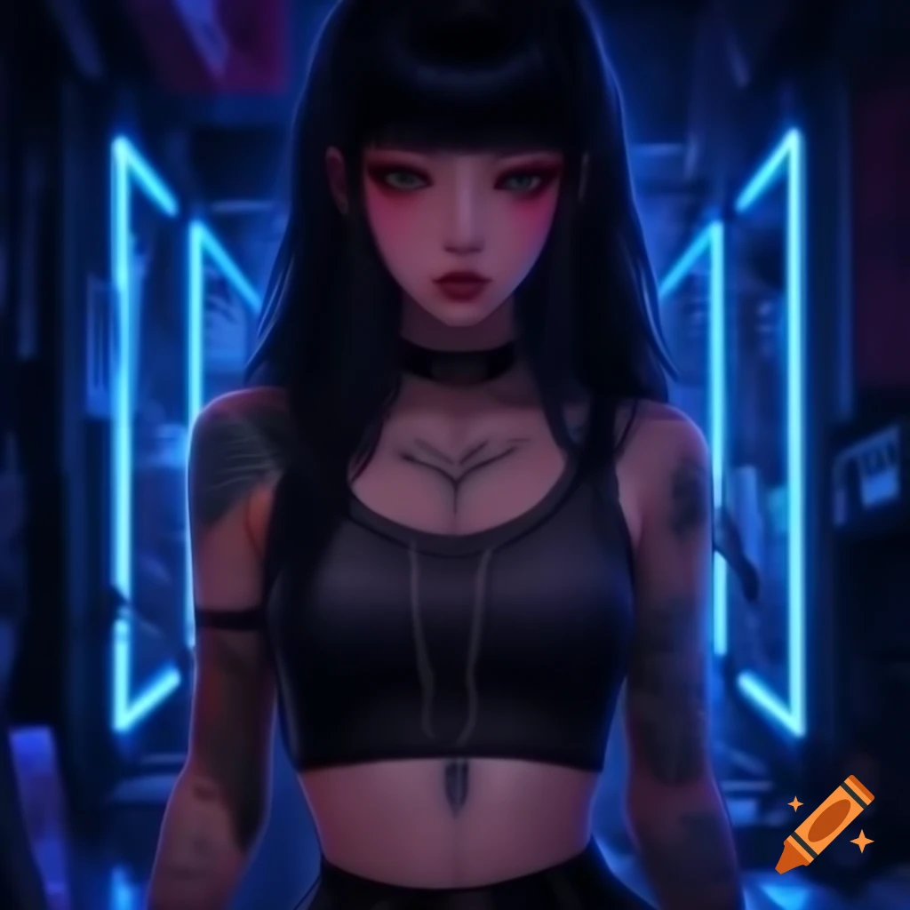 Punk-inspired anime character in dystopian fashion, showing midriff