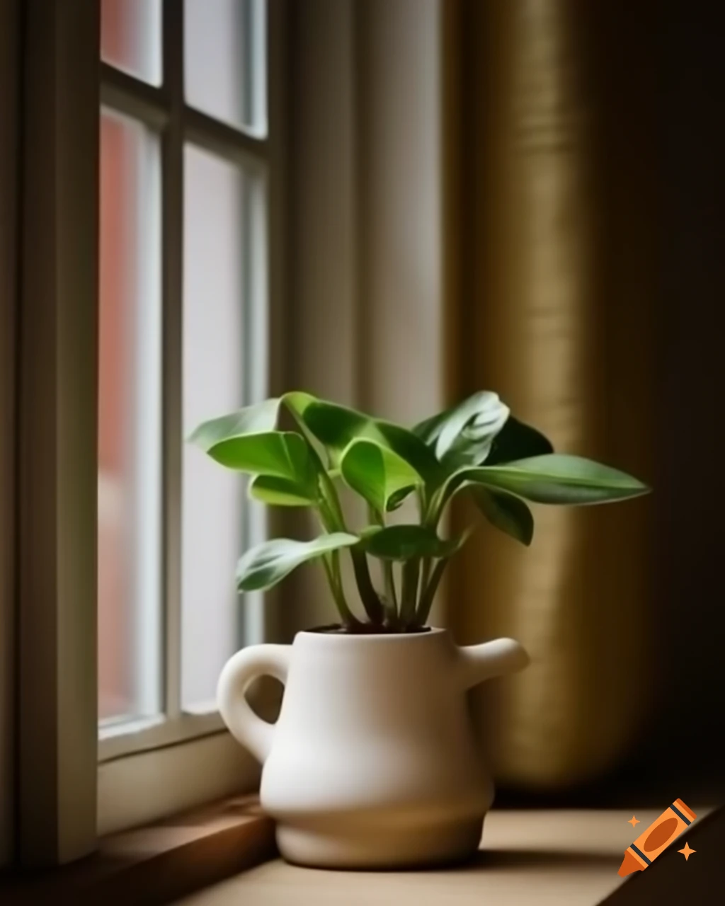 Close-up of mini plant in teapot-shaped flowerpot with golden lighting