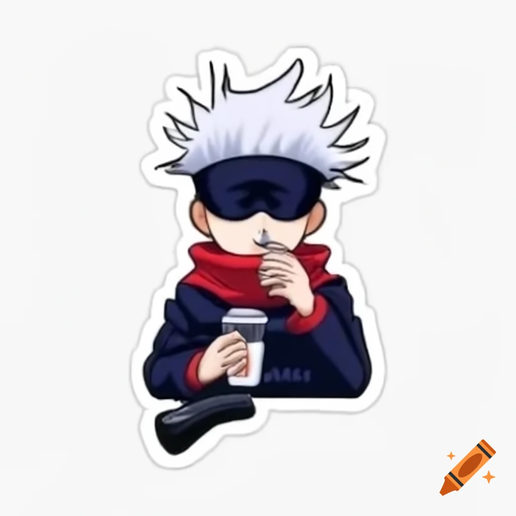 Gojo Satoru enjoying tea in 2D anime style