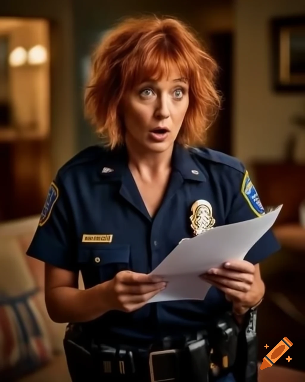 Surprised French police officer with ginger hair taking notes at crime scene