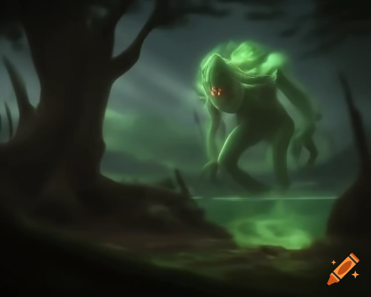 Tree monster in dark fantasy forest near mountain lake