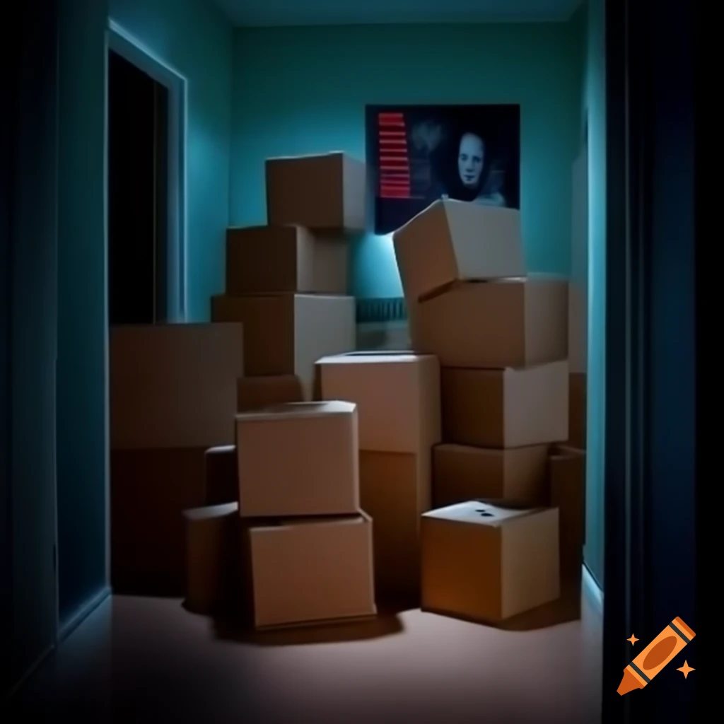 Dimly lit room with pile of cardboard boxes creating an unsettling atmosphere