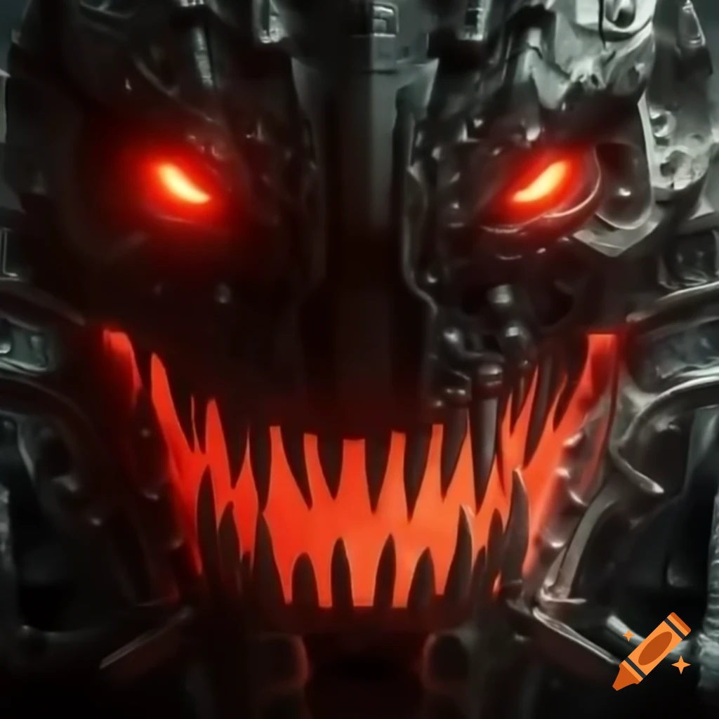 Apocalyptic scene with mechanical elements, red embers, and jagged design