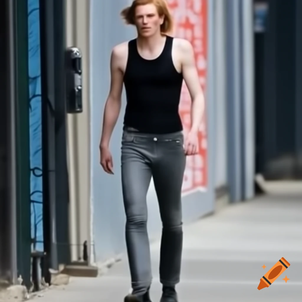 Jamie Campbell Bower walking in black tank top and dark gray jeans