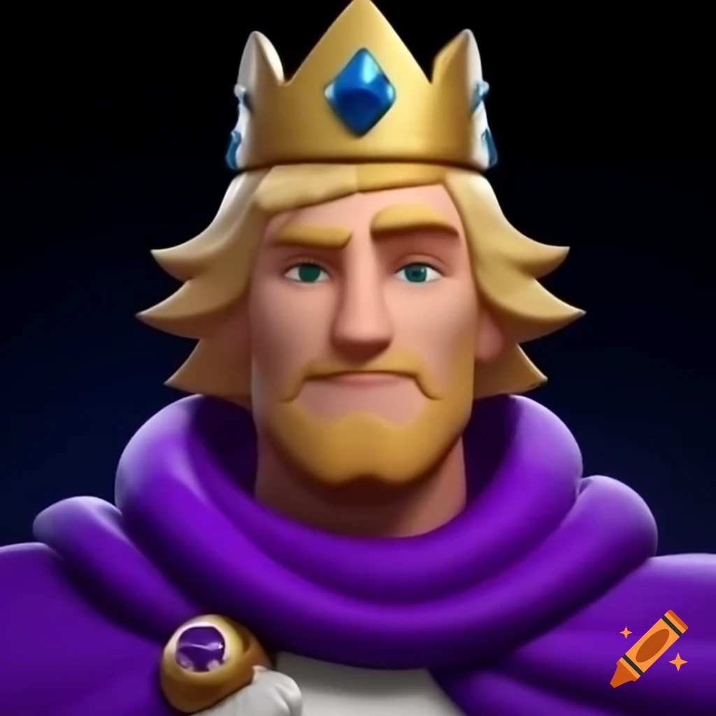 Blonde man dressed as king in purple and sapphire crown video game