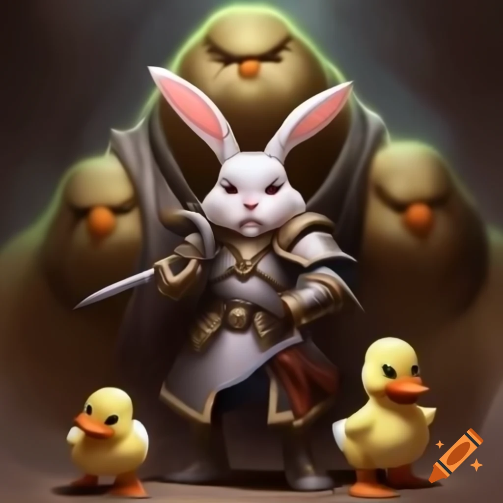 Anime rabbit paladin battling three-headed giant duck