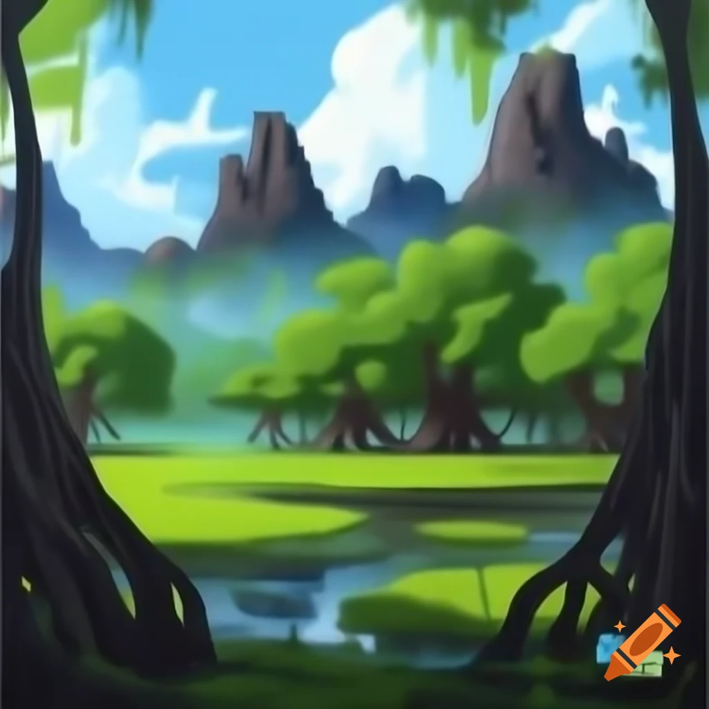 Detailed oil painting of a landscape featuring a meadow, murky swamp with mangrove trees, and rocky mountains