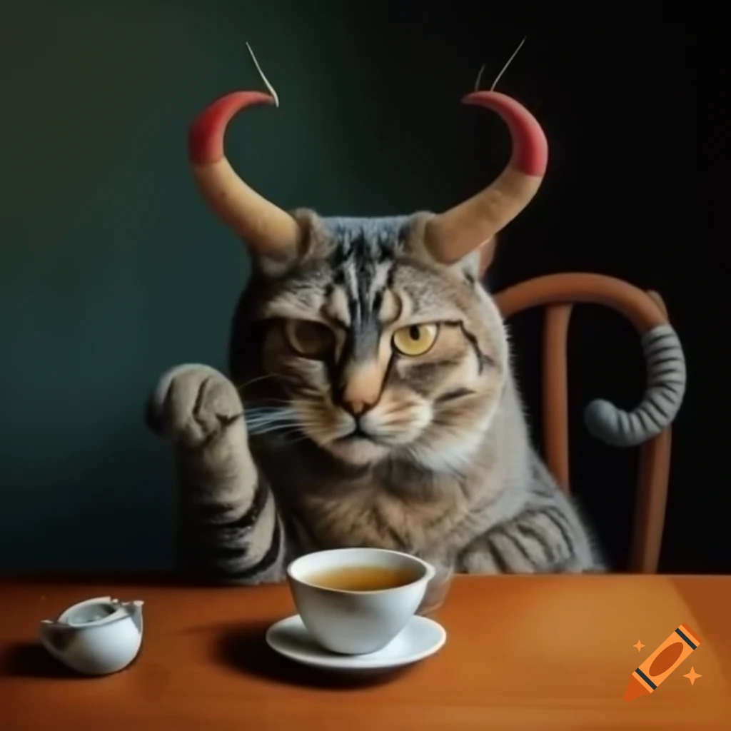 Cat with horns enjoying tea