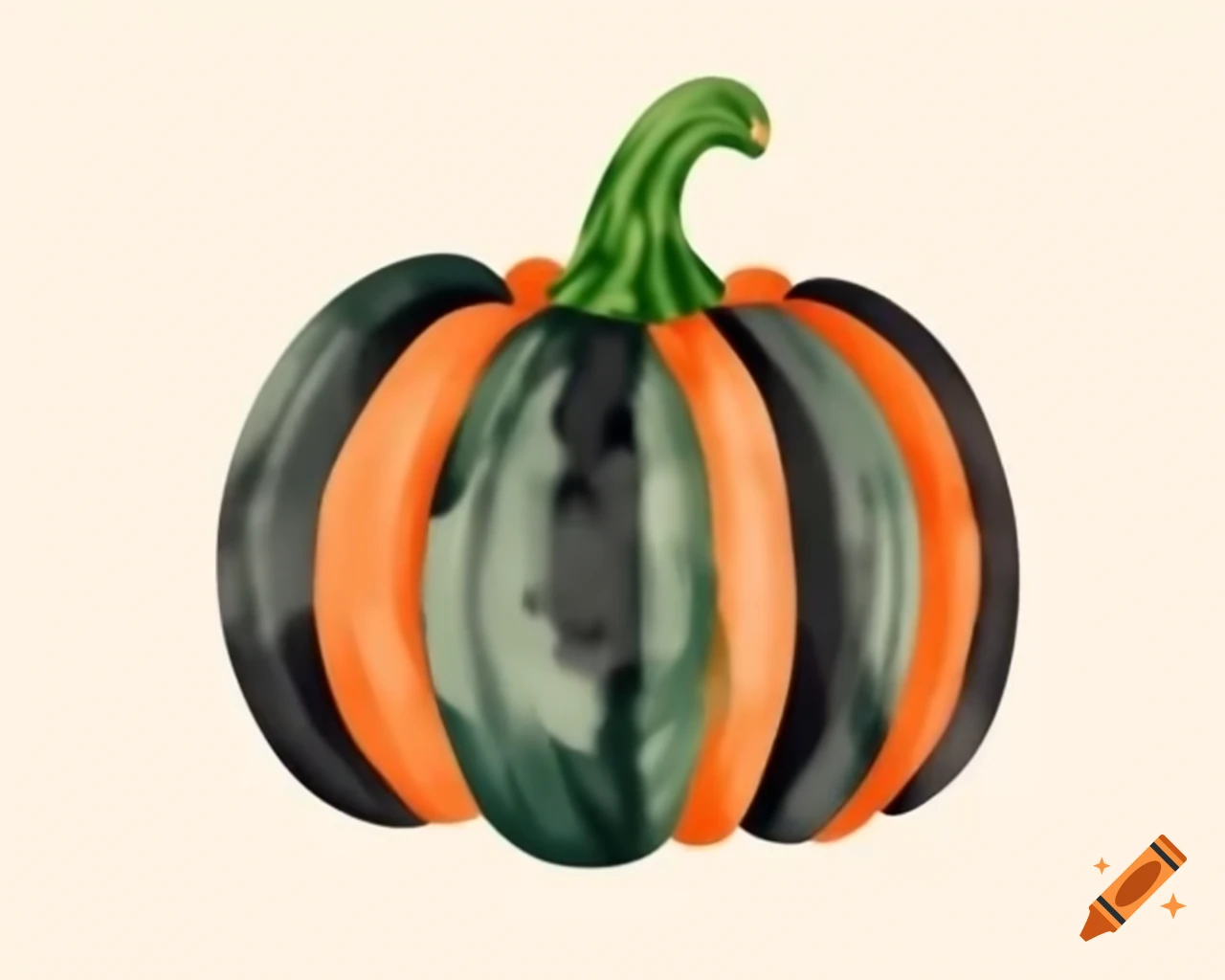 Watercolor Halloween pumpkin in black, orange, green, and gold storybook style