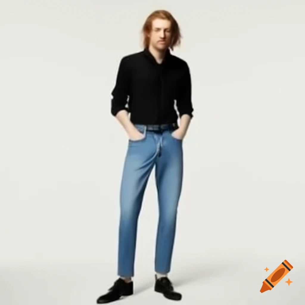 Jamie Campbell Bower in black shirt, blue jeans, and black dress shoes