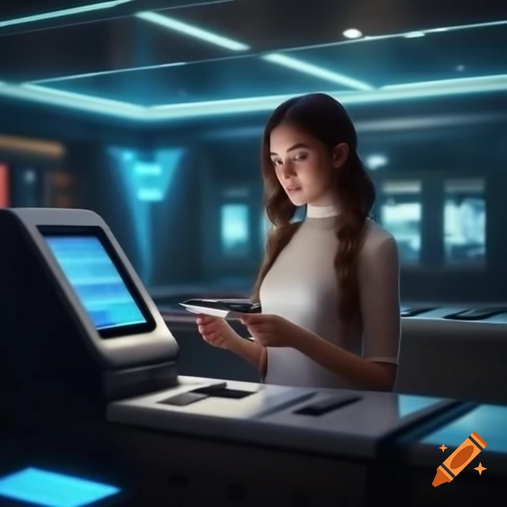 Woman using modern credit card machine in luxurious futuristic store