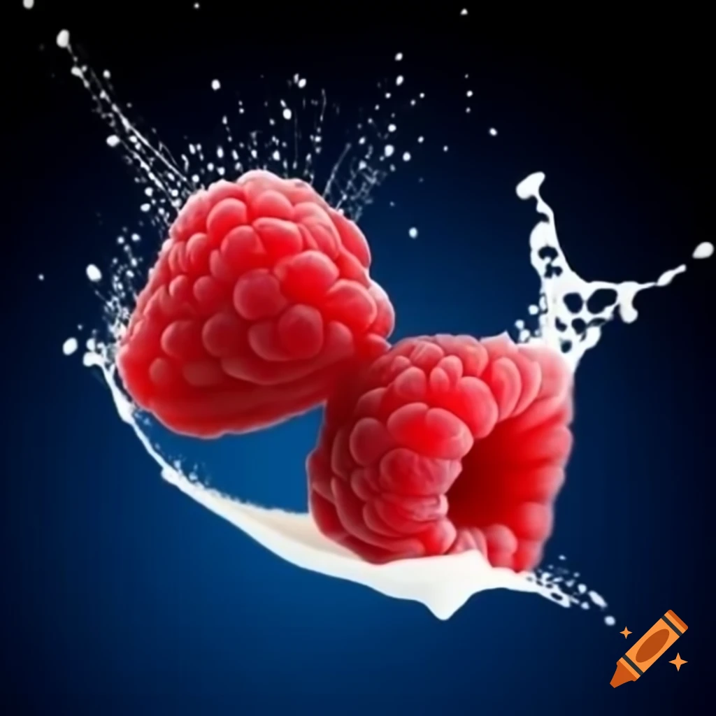 Two raspberries splashing in milk