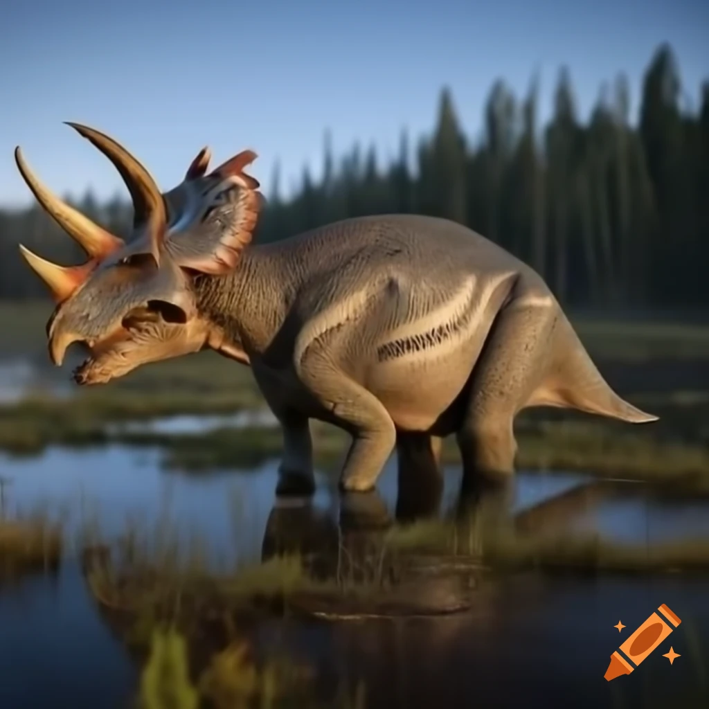 Protoceratops crossing marsh with driftwood in British Columbia morning