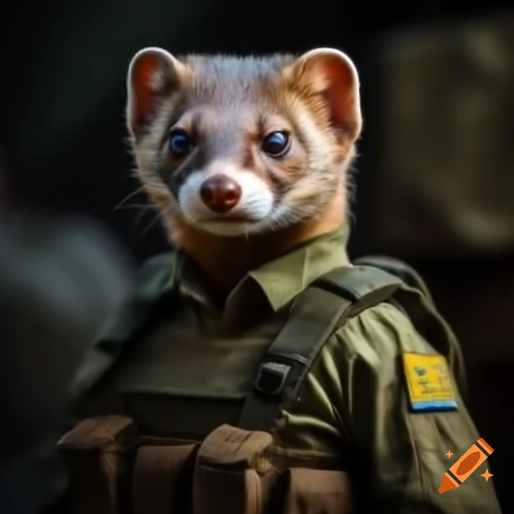 European weasel wearing tactical military uniform