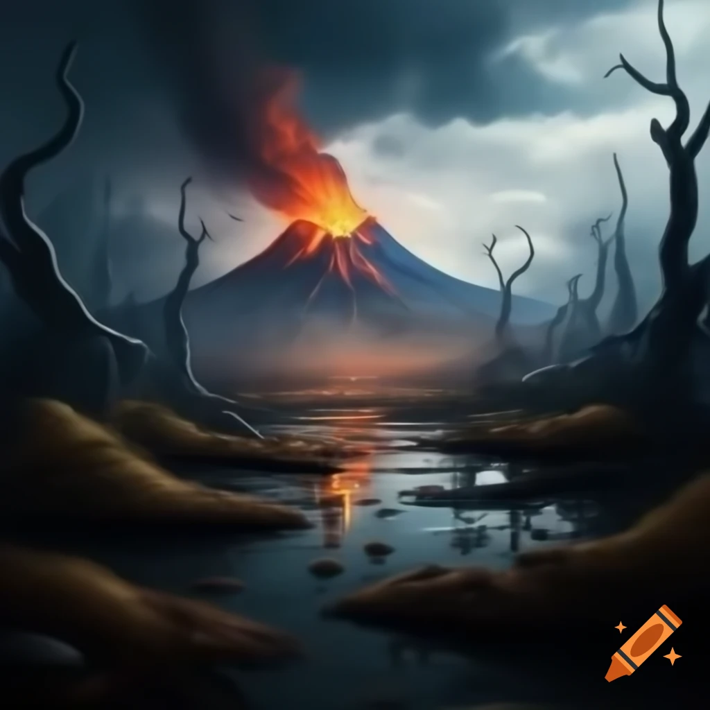 Gloomy swamp with skeleton and active volcano, detailed oil painting