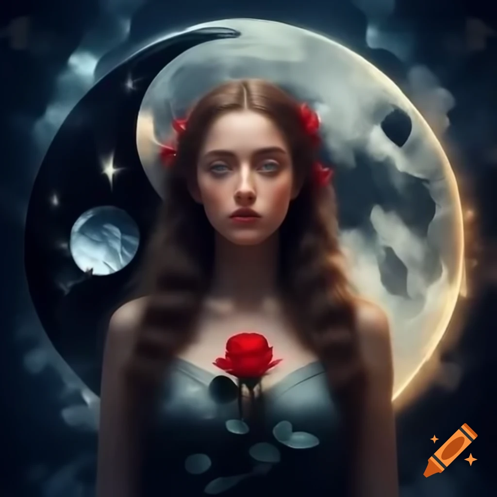 Young English woman with a rose in dark dress under yin yang moonlight, photorealistic