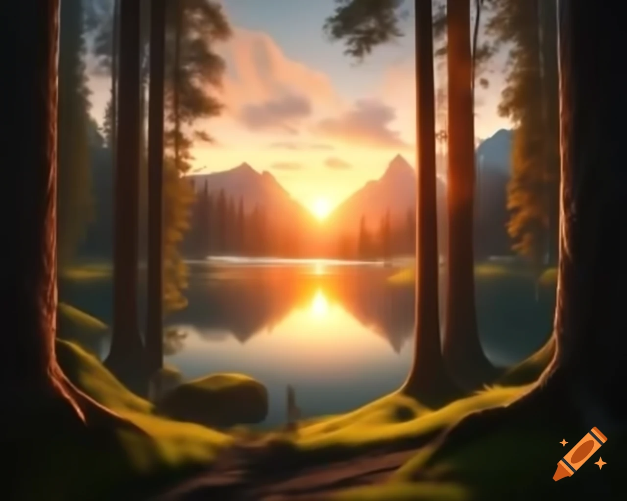 Surreal fantasy scene of an orange monster in a forest by a lake at sunset