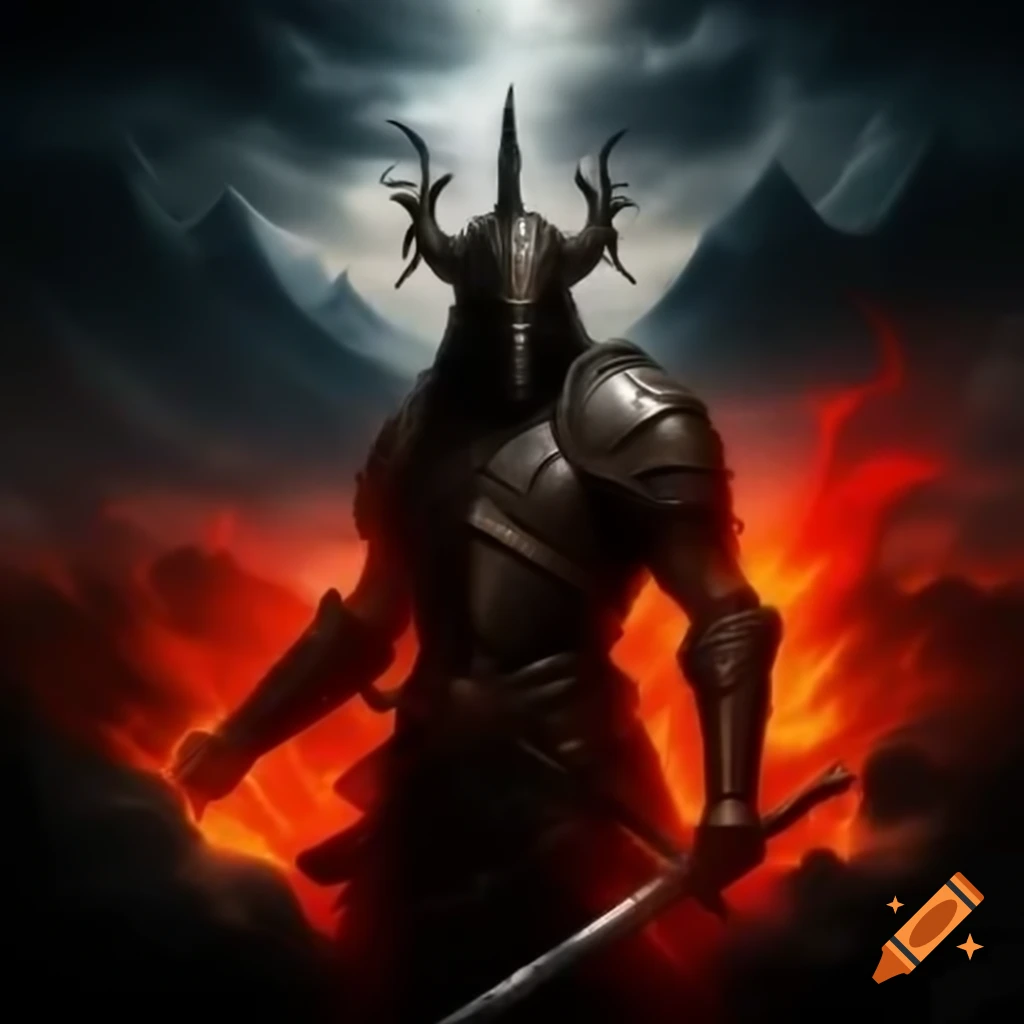 Epic dark metal album cover with imposing mountains and stormy sky, featuring warrior in black armor