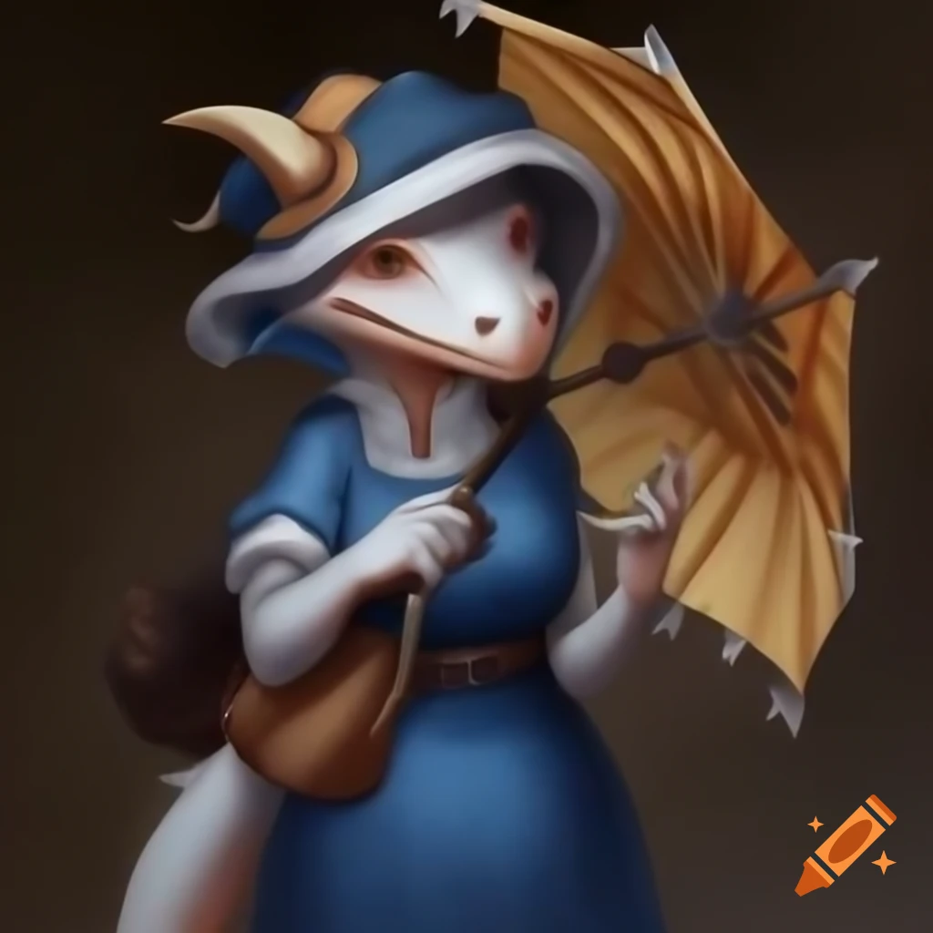 White female kobold in blue dress and bonnet holding golden parasol, Victorian painting style