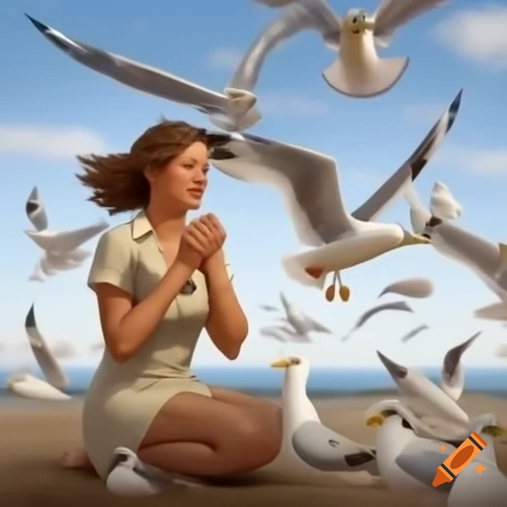 Woman asking for money surrounded by seagulls