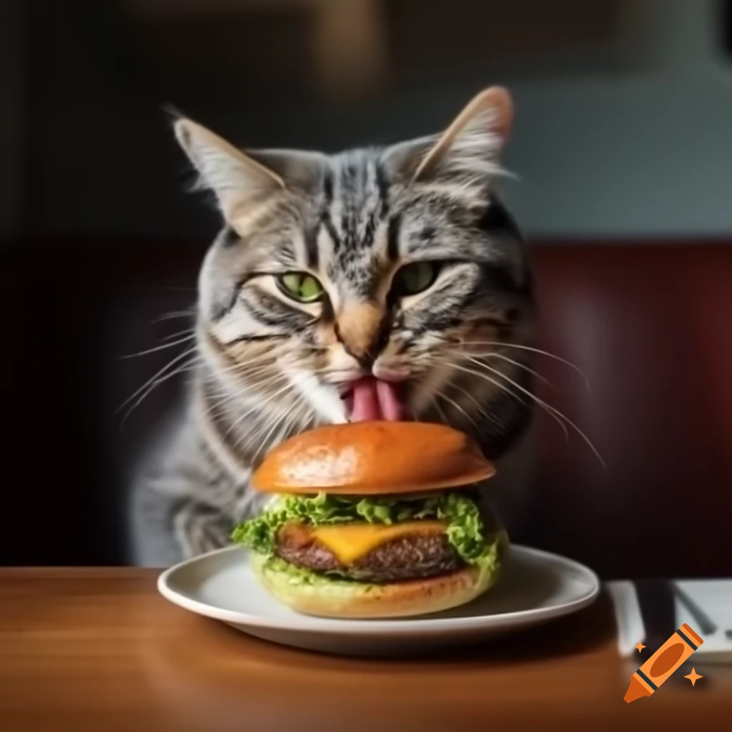 Cat smiling while eating a burger