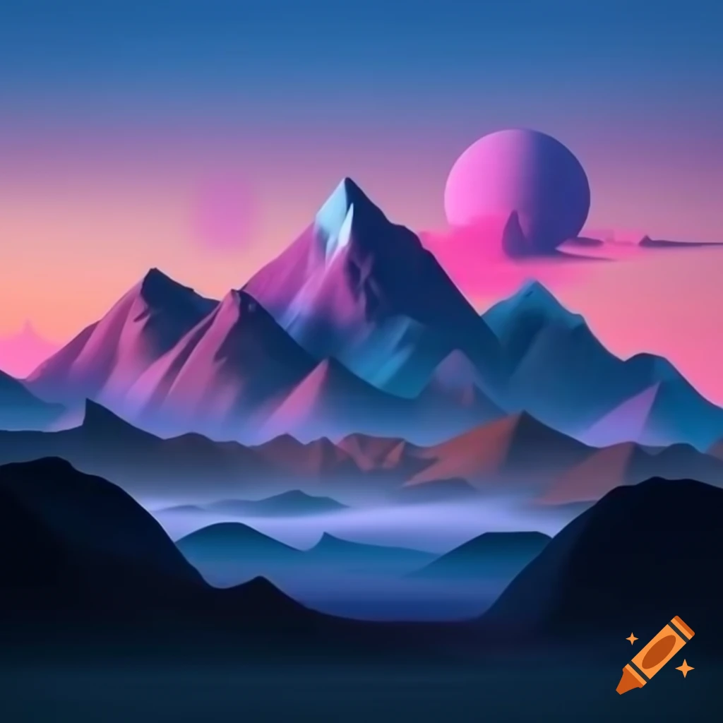 Mountain range at dawn or dusk with soft, diffused light and pastel colors