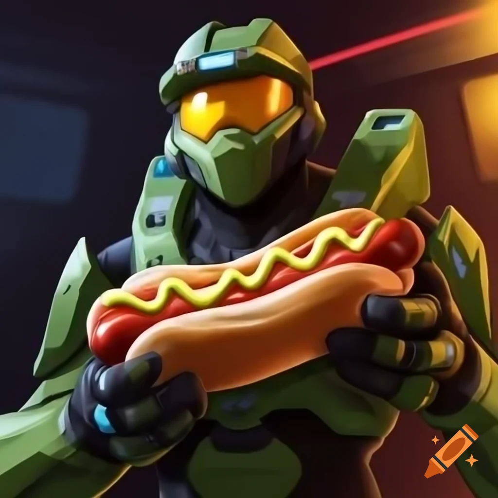 Illustration of Halo character enjoying a hotdog