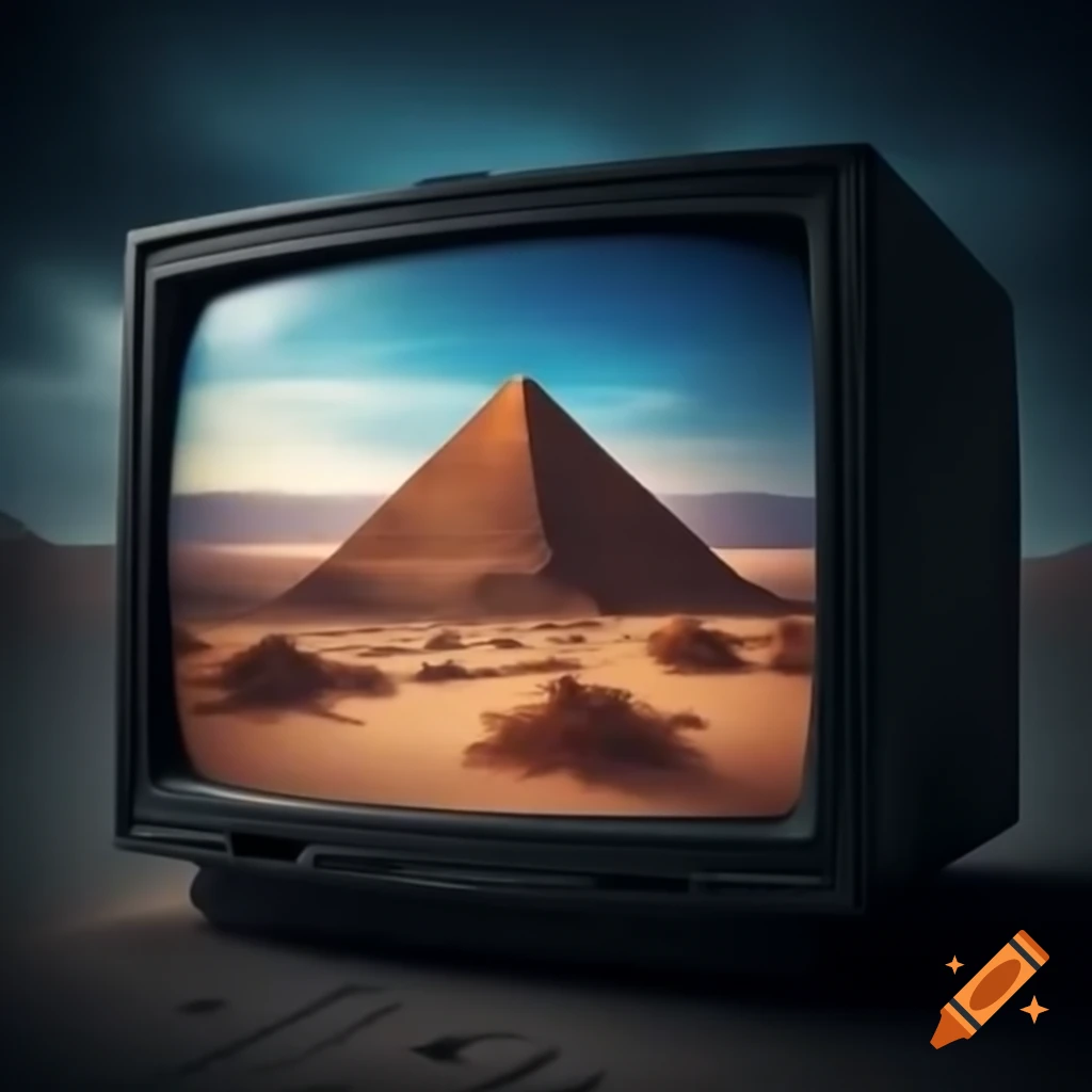 Black CRT TV displaying a pyramid in a desert at night