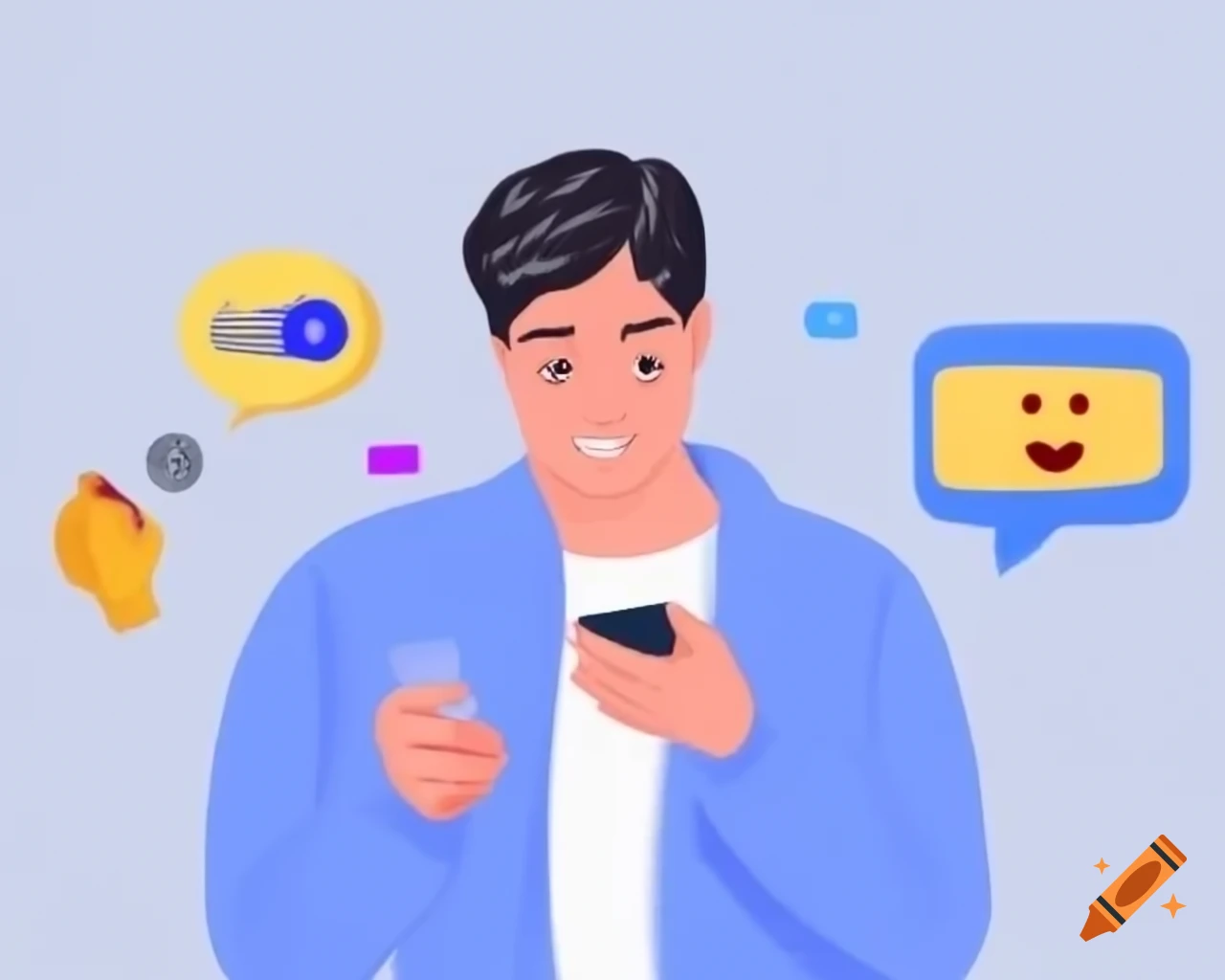 Man smiling with smartphone checking YouTube Short earnings, surrounded by message bubbles and emojis