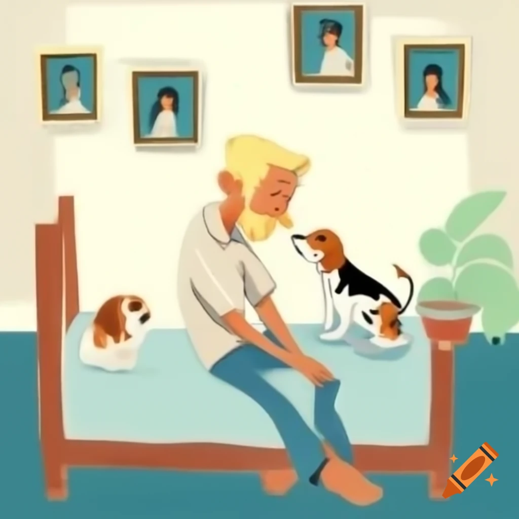 Man with blond hair sitting on bed with beagle and framed artworks