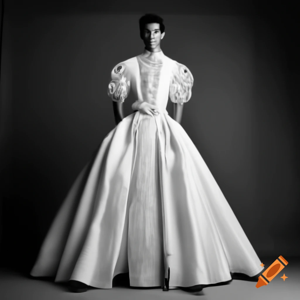 Full length portrait of young man in elegant white gown with lace detailing