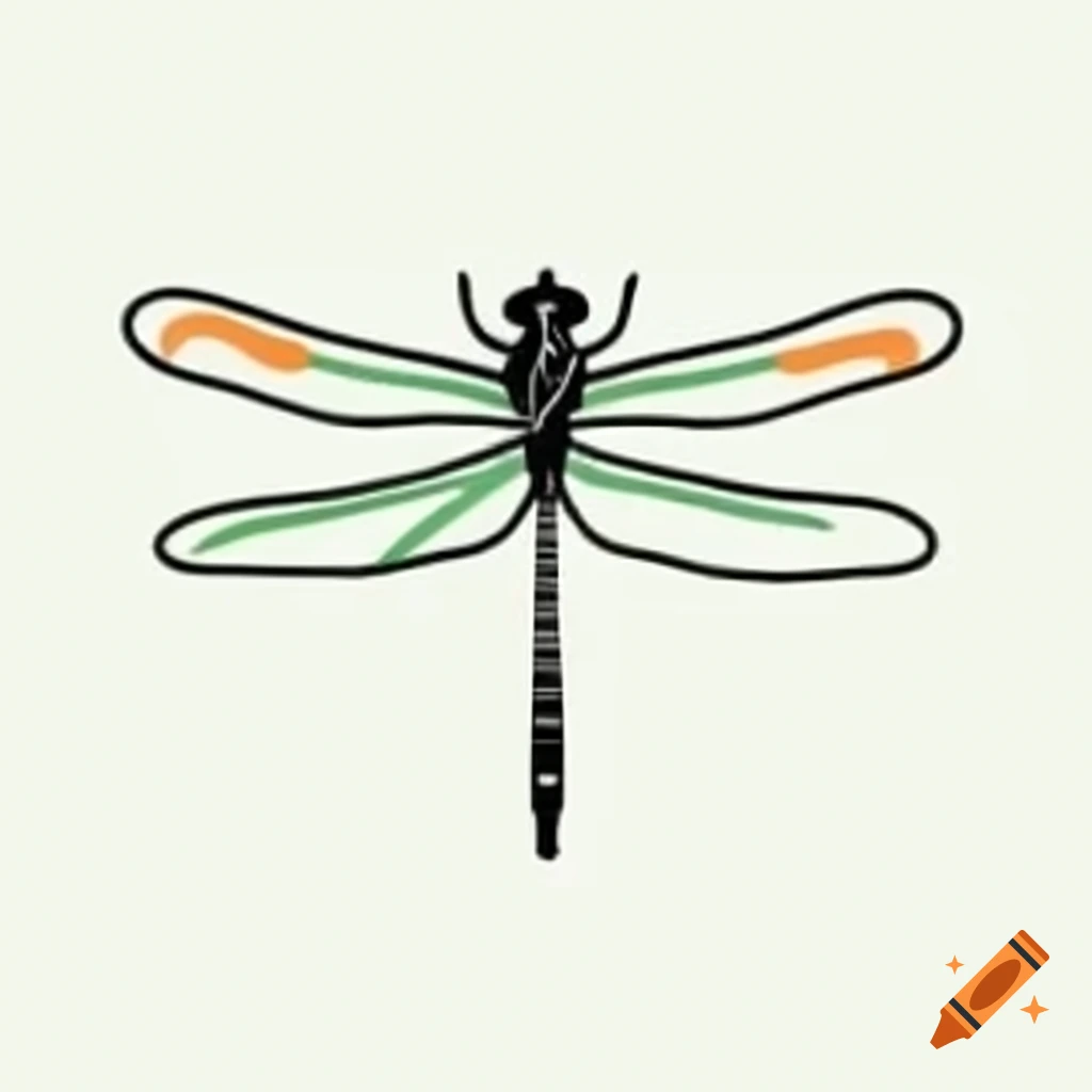Minimalist black line drawing of dragonfly with orange and green accents
