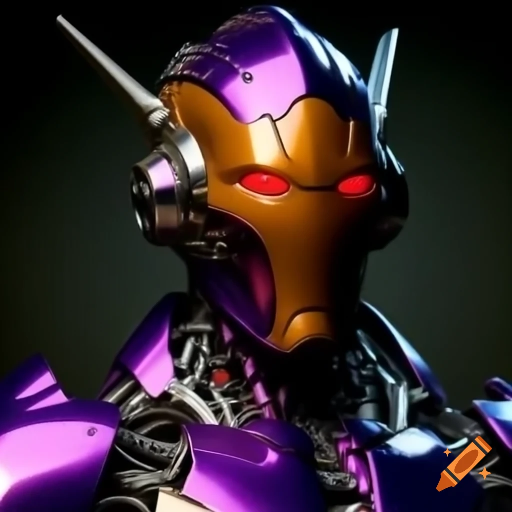 Purple and orange Ultron fused with sentinel, glowing red eyes and silver fins