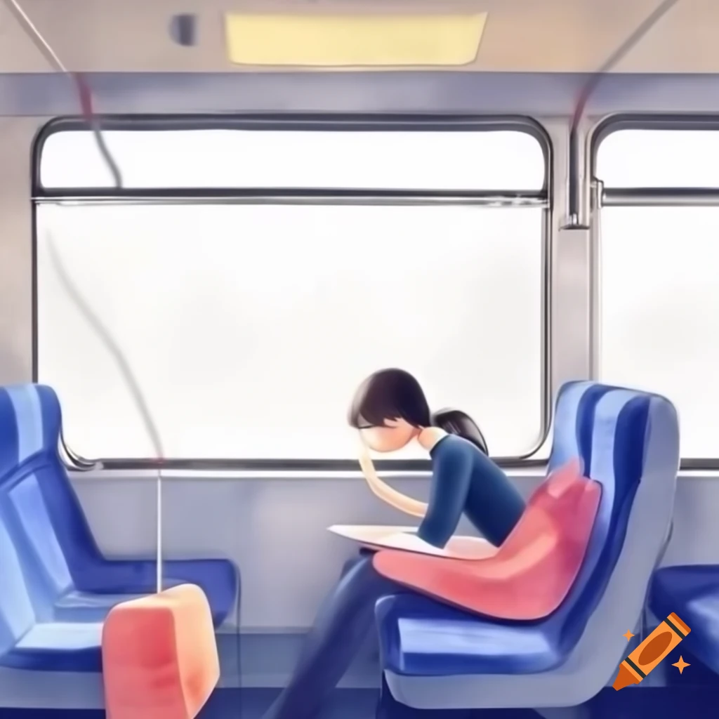 Woman boarding train in medium shot, simple watercolor style