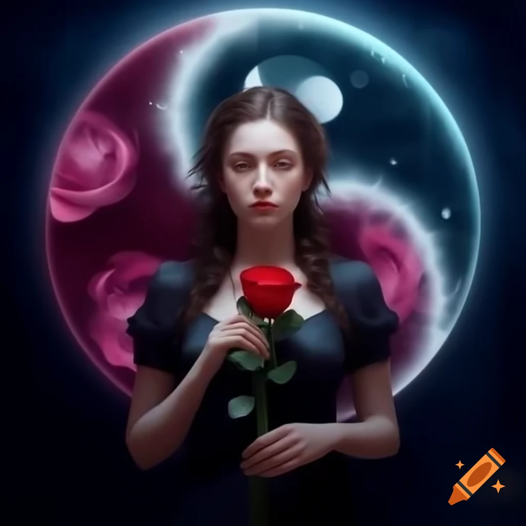 English woman with rose in dark dress under yin yang moonlight, photorealistic