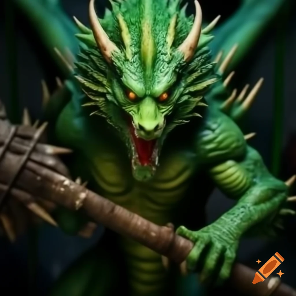 Powerful green dragon wielding a spiked mace
