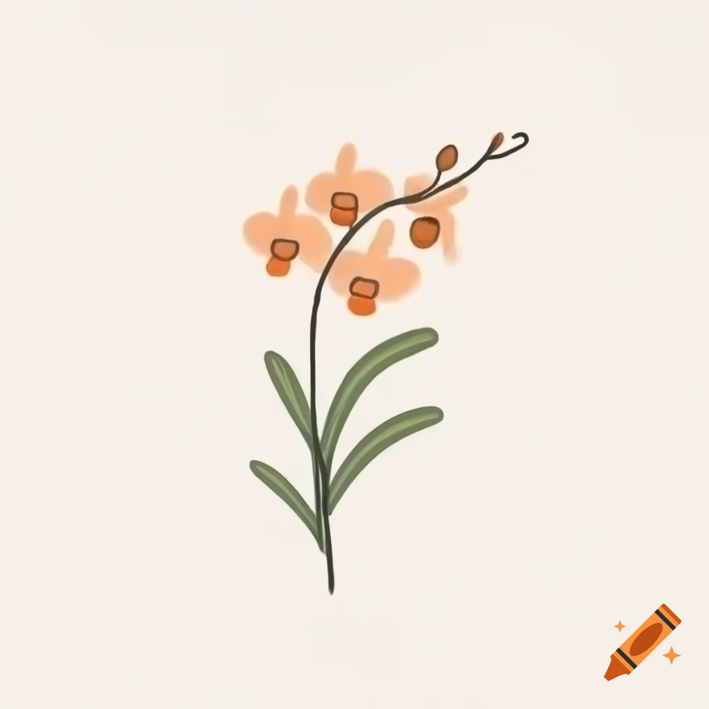 Minimalist black line drawing of orchid flowers in orange and green on white background