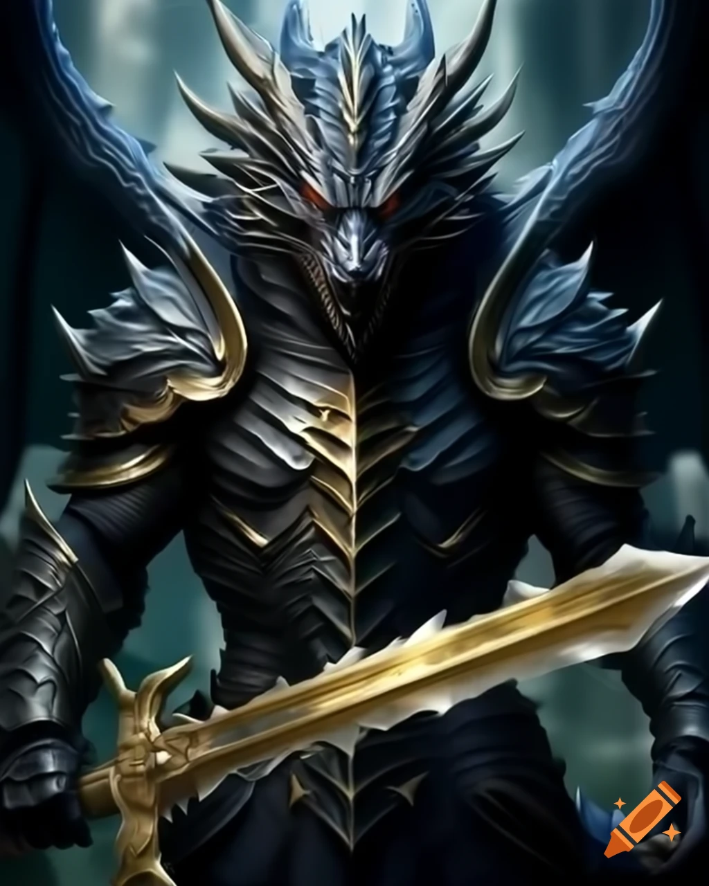 Black dragon in armor wielding a golden blade