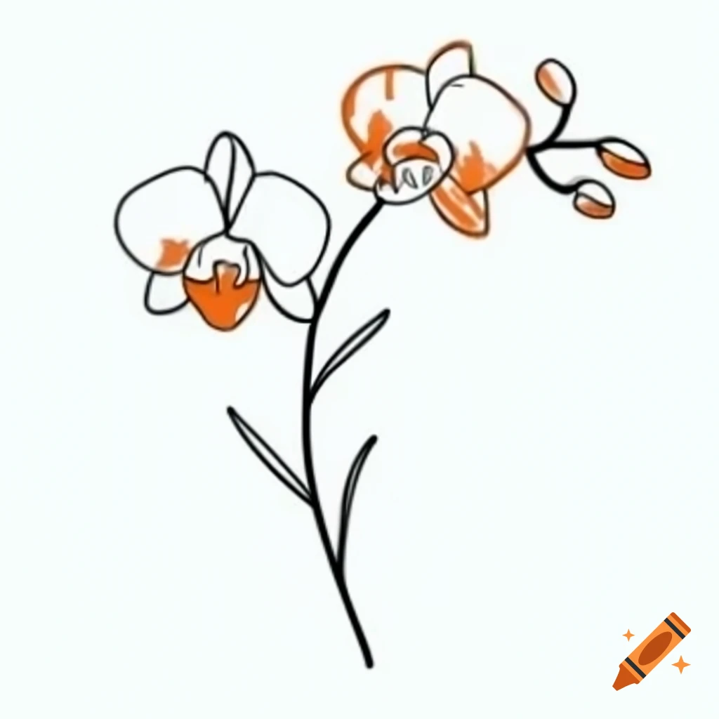 Minimalist black line drawing of orchid with orange and green accents