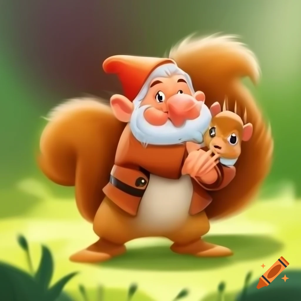 Cartoon of dwarf cuddling cute squirrel